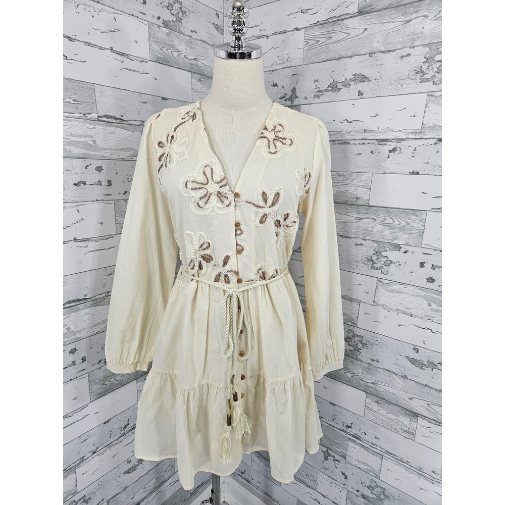 Zara Women Cream Embroidered Floral Mini Dress V-Neck Tassel Belt Size S